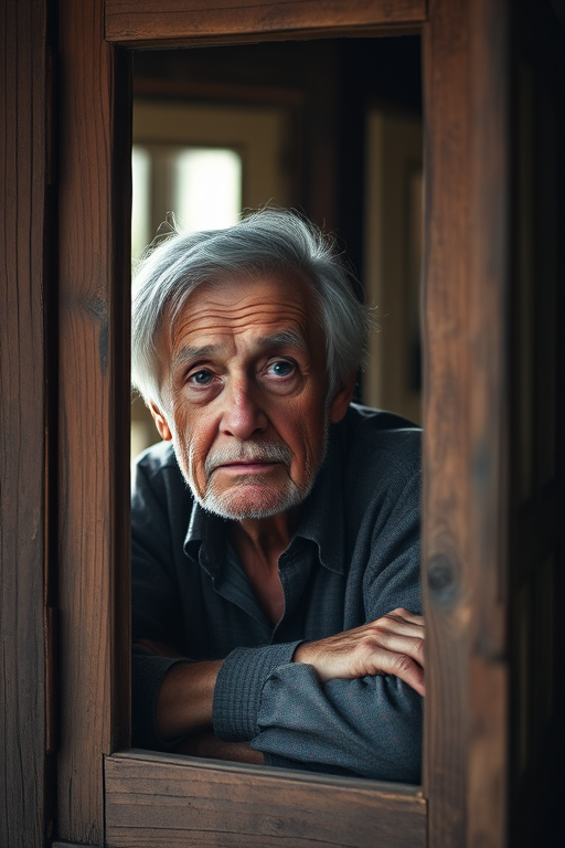 Capture an elderly person gazing thoughtfully from a rustic wooden window with soft natural lighting, using a Canon EOS 5D Mark IV, 50mm lens, f/1.8 aperture, ISO 100, and a slight vignette effect to enhance the mood.