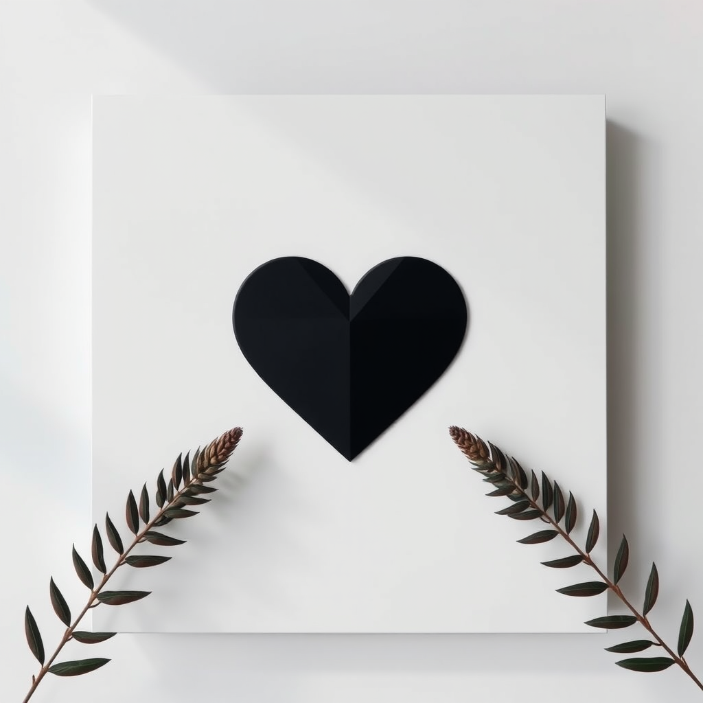 Create a high-resolution black heart icon on a white square background, shot with a Canon EOS R5 at f/8, ISO 100, 50mm lens, in a top-down view with soft natural lighting.