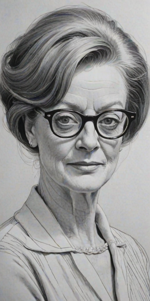 Charming Maggie Smith, pencil sketch, portrait of Lovely woman 1962s in glasses, hair style beatnik, outline, clear lines, fine lines, 8k