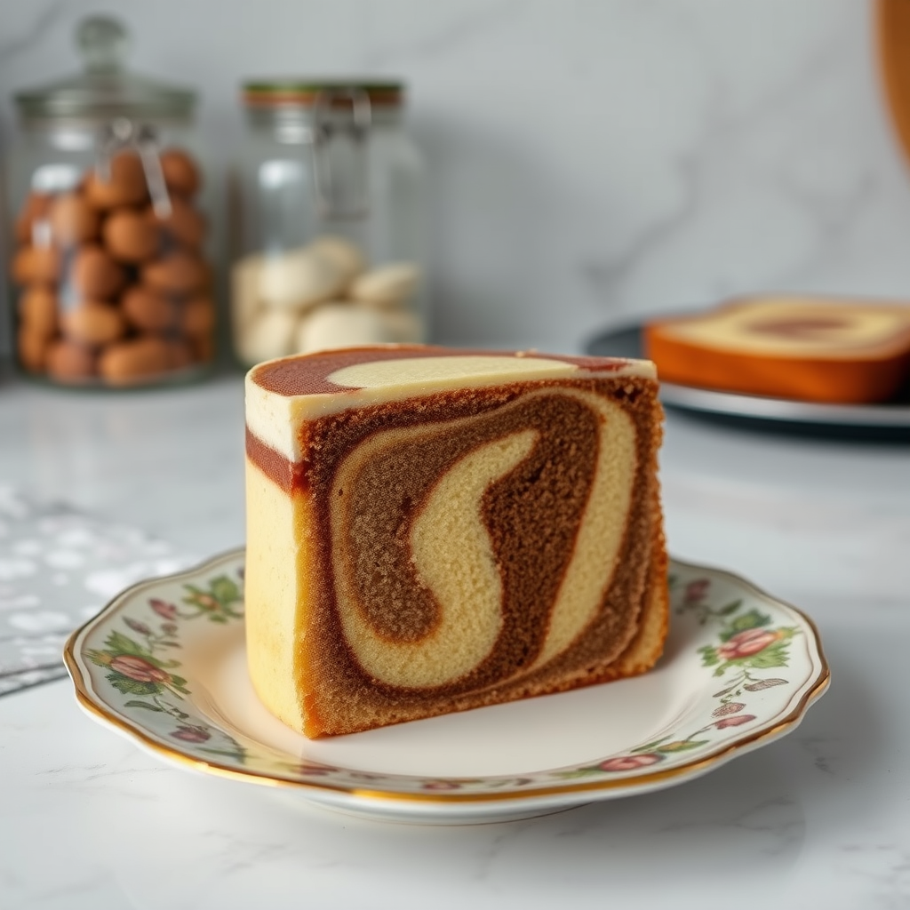 Generate an image of a slice of marble cake on a decorative plate. The cake should have distinct layers of light and dark brown, showcasing a smooth texture. Include a blurred background with glass jars and a marble countertop to create a cozy kitchen atmosphere.
