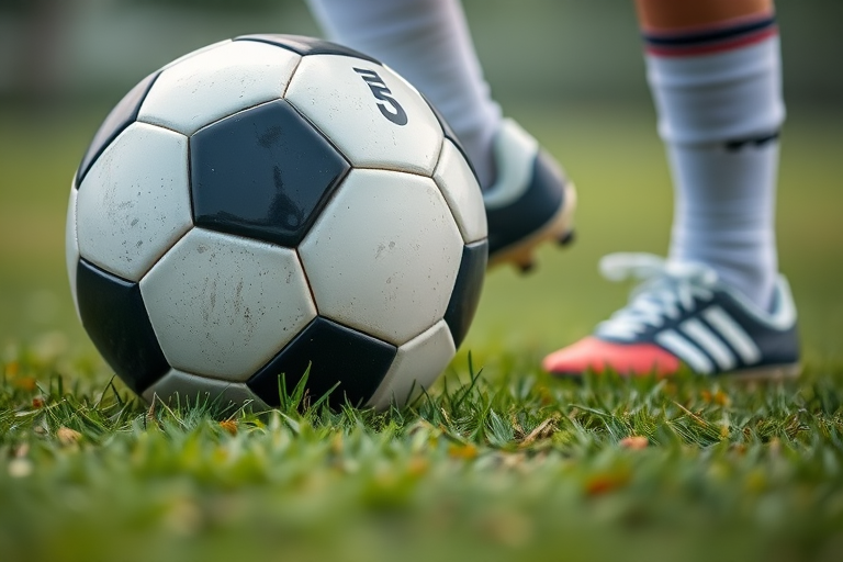 Create an image of a soccer ball on a grassy field with a child's feet in soccer cleats beside it, using a DSLR camera with a 50mm lens, aperture set to f/2.8, ISO 200, and a shallow depth of field for a blurred background effect, capturing the scene from a low angle for emphasis on the ball.