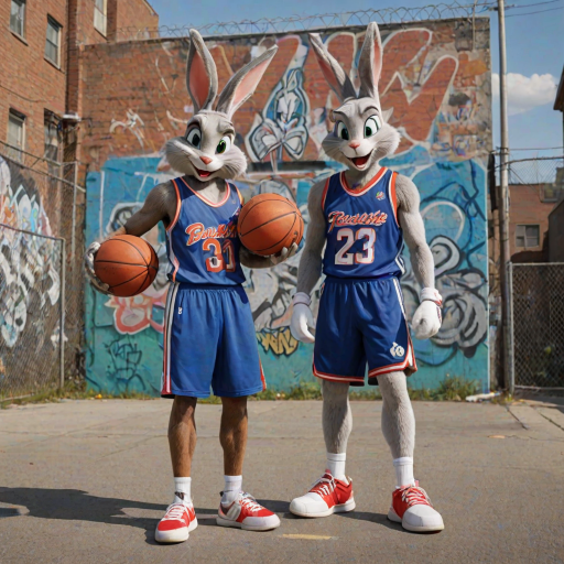 Design an Above the Rim poster featuring Bugs Bunny as Kyle and Lola Bunny as Shep. Bugs is dressed in a basketball jersey and shorts, holding a basketball with a confident expression, while Lola stands beside him in athletic gear, looking determined. The background features an urban basketball court with a wire fence, streetlights, and graffiti. The title "Above the Rim" appears in bold red letters at the top, keeping the original street basketball vibe