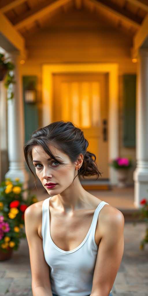 A photo of Tilda Swinton with a background of a cozy porch. She has dark hair pulled back in an updo, with tendrils framing her face. She wears a white tank top and sits on the porch. The porch is part of a well-lit home with a warm, earthy tone and colorful flowers and foliage. The overall scene has a warm, welcoming, and comfortable ambiance.