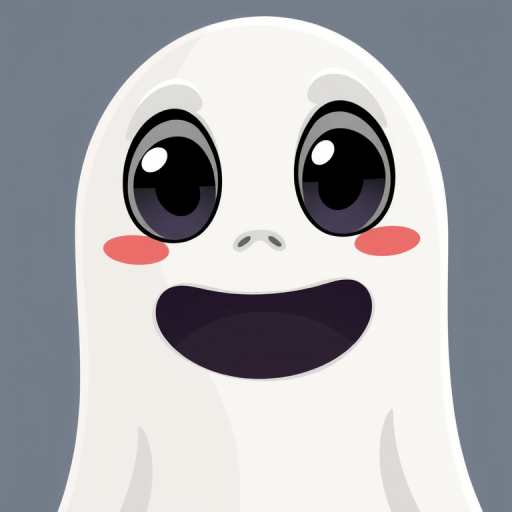 Create a high-resolution, stylized illustration of a cartoon ghost with large expressive eyes, in a flat design style, using a Canon EOS R5 camera, 50mm lens, f/2.8 aperture, ISO 100, and a soft, diffused lighting setup for enhanced detail and clarity.