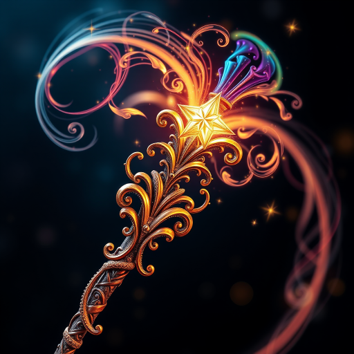 Create a highly detailed illustration of an ornate magic wand with swirling magical effects and a shining star at the tip, using a Canon EOS R5 with a 50mm f/1.2 lens at ISO 100, aperture f/2.8, and a shutter speed of 1/250 seconds, in a macro photography style with a focus on vibrant colors and intricate patterns against a transparent background.