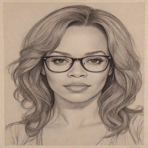 Resplendent Faith Evans, pencil sketch, portrait of Delightful woman 1976s in glasses, hair style beatnik, outline, clear lines, fine lines, 8k