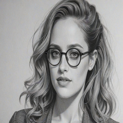 Exquisite Carly Chaikin, pencil sketch, portrait of Appealing woman 1942s in glasses, hair style beatnik, outline, clear lines, fine lines, 8k