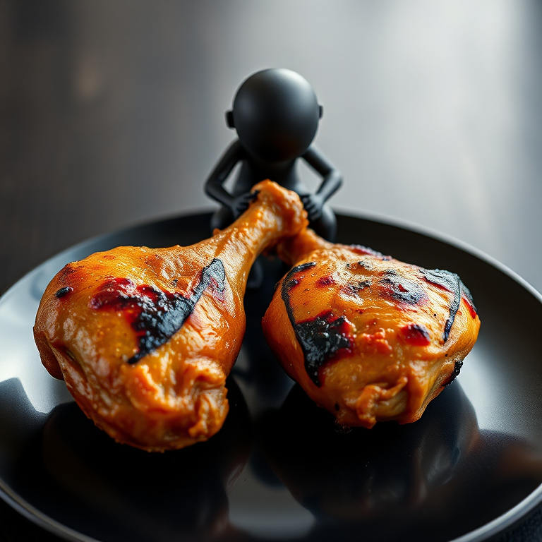 Generate an image of a stylized humanoid figure squatting near two golden-brown grilled chicken drumsticks on a sleek black plate, shot with a Canon EOS R5, 50mm f/1.8 lens, f/2.8 aperture, ISO 100, and natural lighting for enhanced clarity and detail.