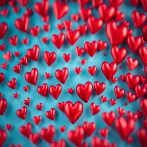 Create a vibrant background filled with various sizes of shiny red hearts in a heart shape, using a DSLR camera with an aperture of f/4, shutter speed of 1/125s, ISO 100, in macro view with a soft-focus background to enhance the depth and richness of colors.