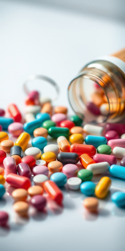 Close-up shot of assorted colorful pills and capsules scattered on a reflective surface with two partially open pill bottles, natural light, aperture f/2.8, shutter speed 1/200s, ISO 100, macro lens, DSLR camera.