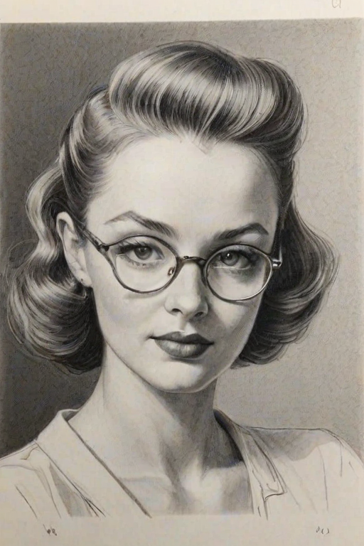 Charming Sophie Wylie, pencil sketch, portrait of Beauteous woman 1949s in glasses, hair style beatnik, outline, clear lines, fine lines, 8k