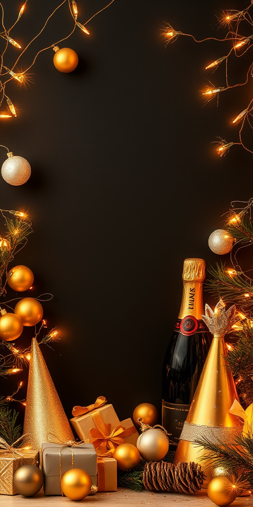Create a festive New Year's celebration scene with a dark background. Include elements like gold and silver ornaments, twinkling fairy lights, small wrapped gifts, a bottle of champagne, and party hats. Arrange everything in a way that creates a warm and inviting atmosphere, ensuring there is space for text or additional elements in the center.