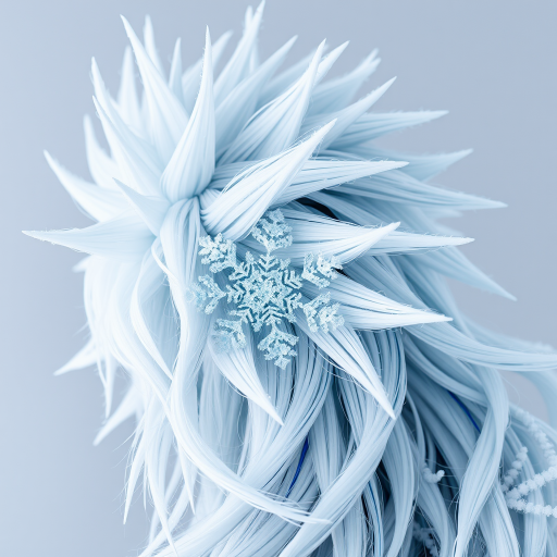 Arctic frost white hair with icy blue undertones, sculpted into sharp spikes and intricate snowflake patterns, embodying the beauty of winter's chill