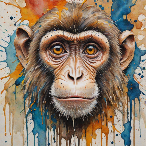 abstract watercolor painting with bold and deep brushstrokes. Thick impasto paint used. Dripping effect. Image breaking up into rectanguls shapes. Paint cracking. just a  smal;l pair of monkey's eyes starting to appear in the middle. The eyes are crying.  Coloured paint splattered around the edges. Geometric lines in background. swirly effect. peeling paint effect. raised rectangles. Dinghy Cream Look edge added in Topaz.
