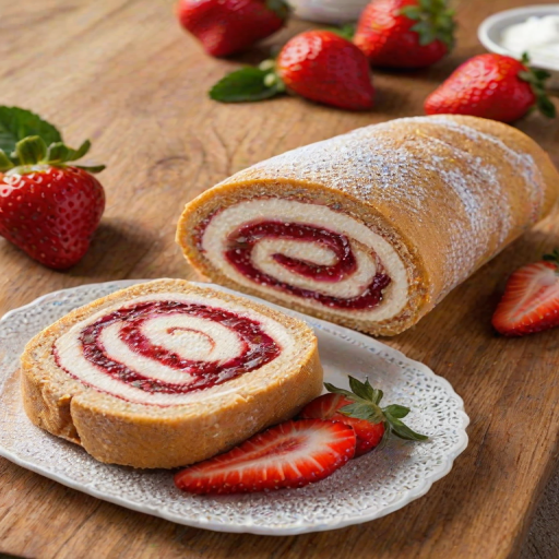 Generate an image of a Swiss roll dessert filled with cream and strawberry jam, garnished with fresh strawberries. The roll should have a soft, spongy texture and be dusted with powdered sugar, placed on a wooden cutting board.