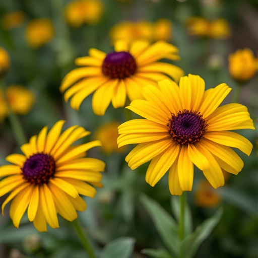 photograph of vibrant yellow and purple flowers in a garden, macro view, taken with a DSLR camera, aperture f/2.8, shutter speed 1/200s, ISO 100, natural lighting, focus on flowers with a blurred background for depth