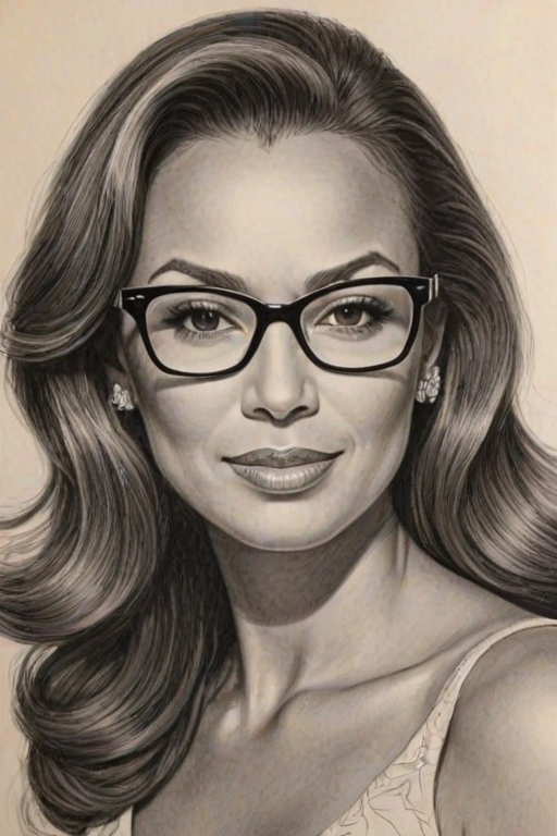 Beauteous Eva LaRue, pencil sketch, portrait of Captivating woman 1947s in glasses, hair style beatnik, outline, clear lines, fine lines, 8k