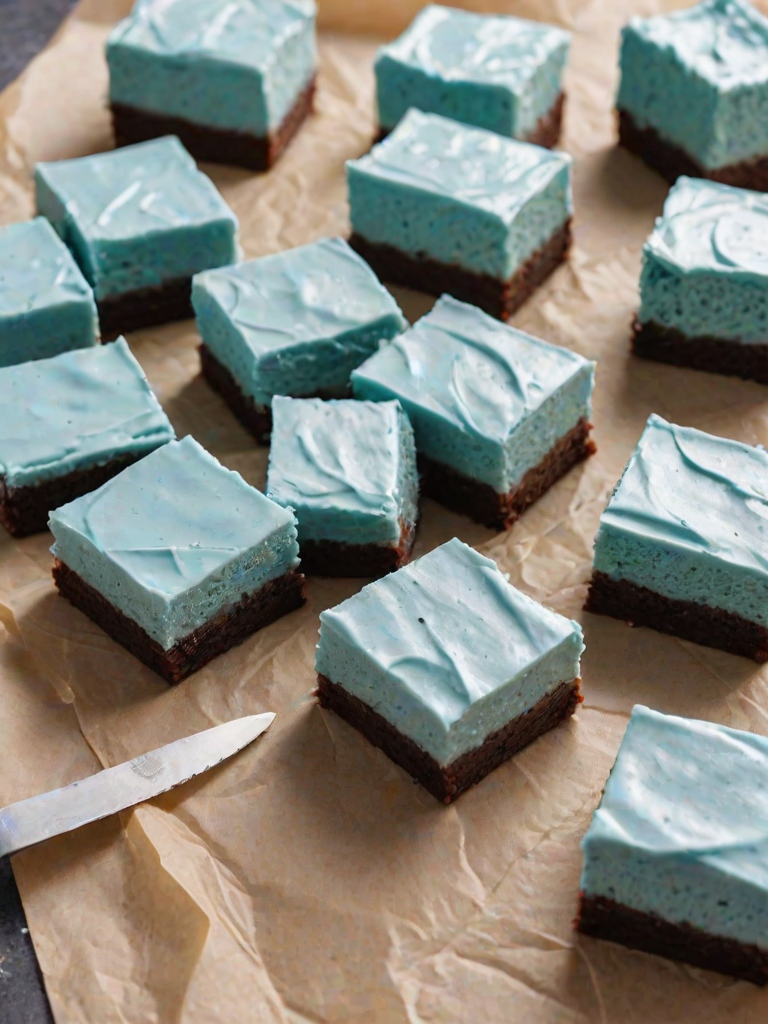 Create an image of a rectangular dessert with a light blue frosting on top, cut into squares. The dessert is sitting on a piece of parchment paper, with one square slightly removed to show the interior. The frosting appears smooth and creamy, and there are small dark flecks throughout the frosting. The background is a simple, neutral surface.