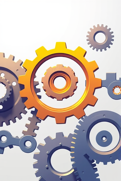 Create a high-resolution illustration of a stylized gear system with a transparent background, using a 50mm lens at f/2.8, ISO 100, centered composition, in a digital art style.