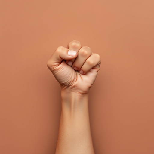 Create a high-resolution image of a raised fist symbolizing solidarity and resistance, using a smooth gradient of brown shades, shot with a Canon EOS R5, ISO 100, f/8 aperture, 50mm lens, with a soft focus background for emphasis on the fist, using a minimalist flat lay style.