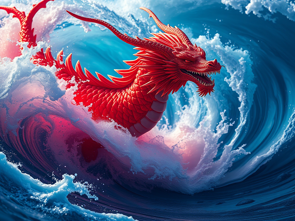 Create a vibrant, mythical dragon emerging from swirling waves, emphasized with rich red and blue colors, shot with a Canon EOS R5 at 50mm, f/1.8, ISO 100, in soft natural lighting with a high dynamic range for enhanced detail.