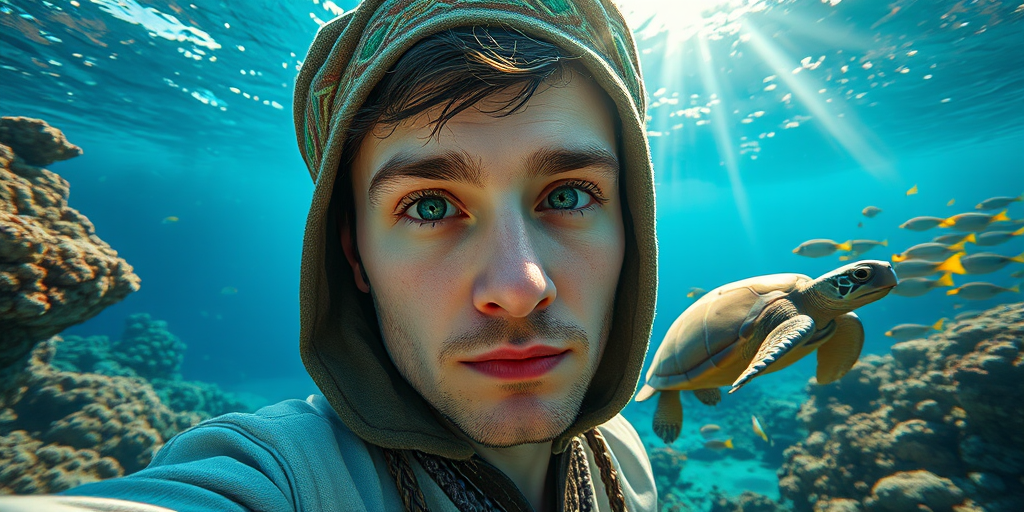 Realistic selfie image of a Uzbek, wearing a vintage outfit, detailed dreamy eyes, droopy hooded eyes, staring at the camera, taken underwater at coral reef with a sunbeam filtering through the water, vibrant, summer vacation, natural lighting, turtle and school of tropical fish with vibrant colors, rendered in the style of CryEngine, Pegi Nicol MacLeod, with realistic genre scenes, hauntingly beautiful narratives, ultra-realism, and Thomas Saliot's close-up technique, 8K resolution, crystal clear and sparkling water.
