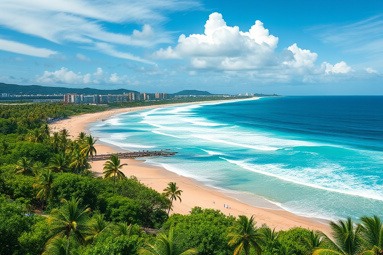 create a vibrant digital painting of a tropical beach scene with turquoise waves, lush greenery, and distant coastal buildings, shot with a Canon EOS R5 at f/8, 1/250s, ISO 100, using a wide-angle lens to capture the expansive landscape in high detail.