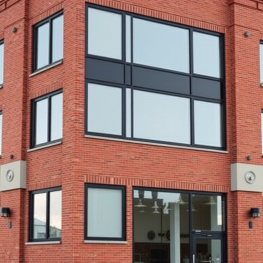 Create a high-resolution image of a modern brick commercial building with multiple large windows, captured from a slightly elevated angle with a 35mm lens, f/8 aperture, ISO 100, using a DSLR camera and a 4K rendering style to enhance the details and textures.