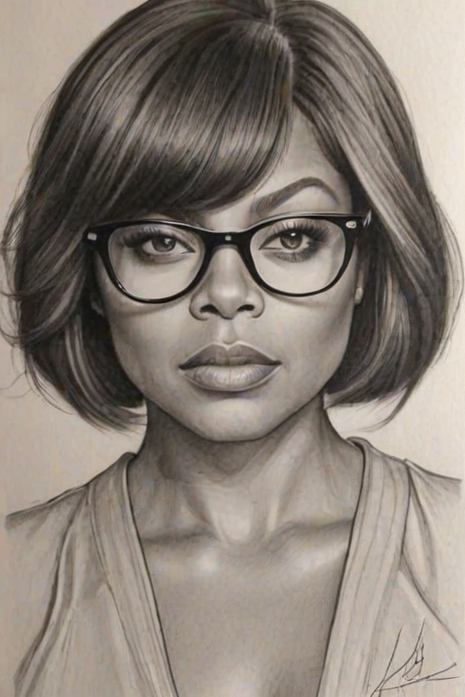 Beauteous Taraji P. Henson, pencil sketch, portrait of Dazzling woman 1921s in glasses, hair style beatnik, outline, clear lines, fine lines, 8k