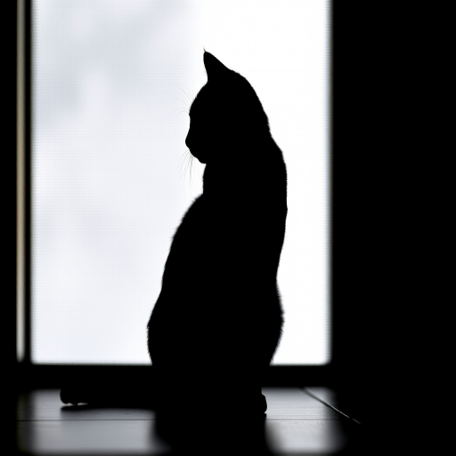 Create an image of a minimalist black silhouette of a cat sitting, using a Canon EOS R5 camera, with a 50mm f/1.2 lens, aperture set to f/2.8, ISO 100, and a shallow depth of field, shot in natural light from the left side.