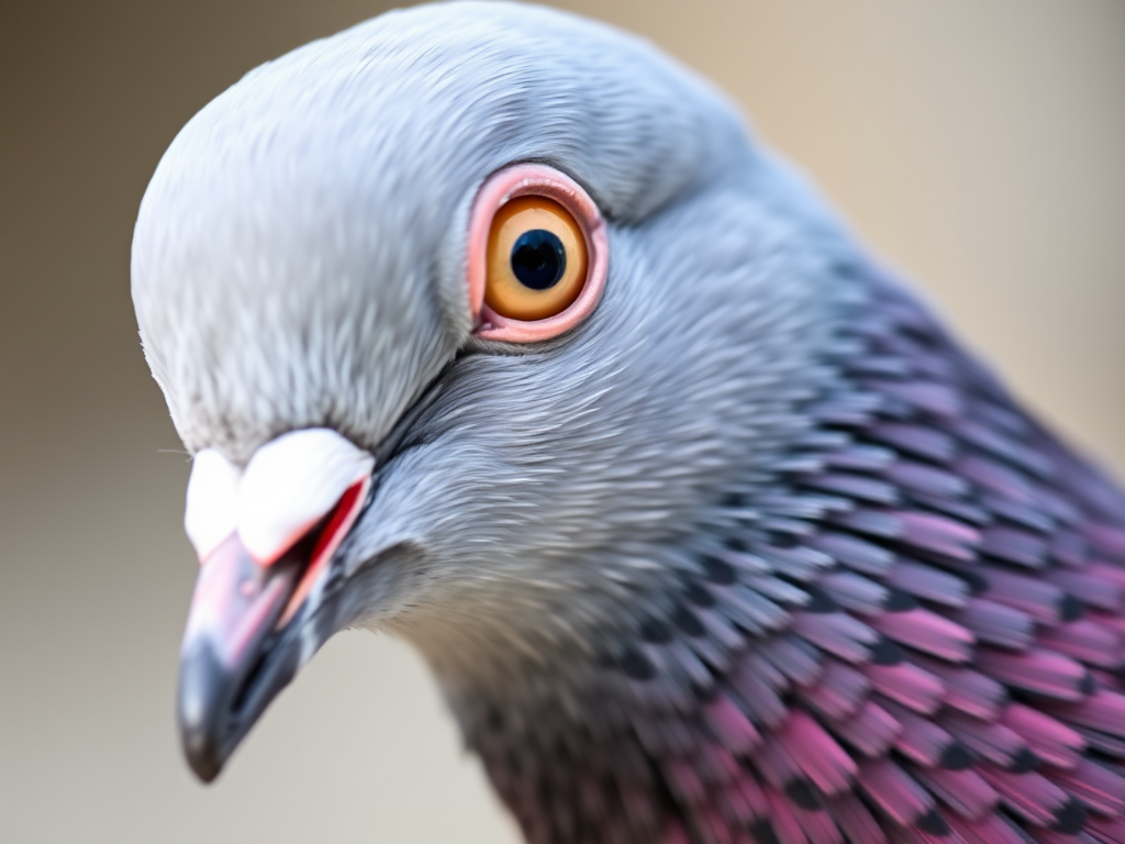 A close-up of a pigeon with a sharp focus on its eye, captured using a DSLR camera with a 50mm lens, aperture set to f/2.8, ISO 200, and a shallow depth of field, in natural light for enhanced detail and texture.
