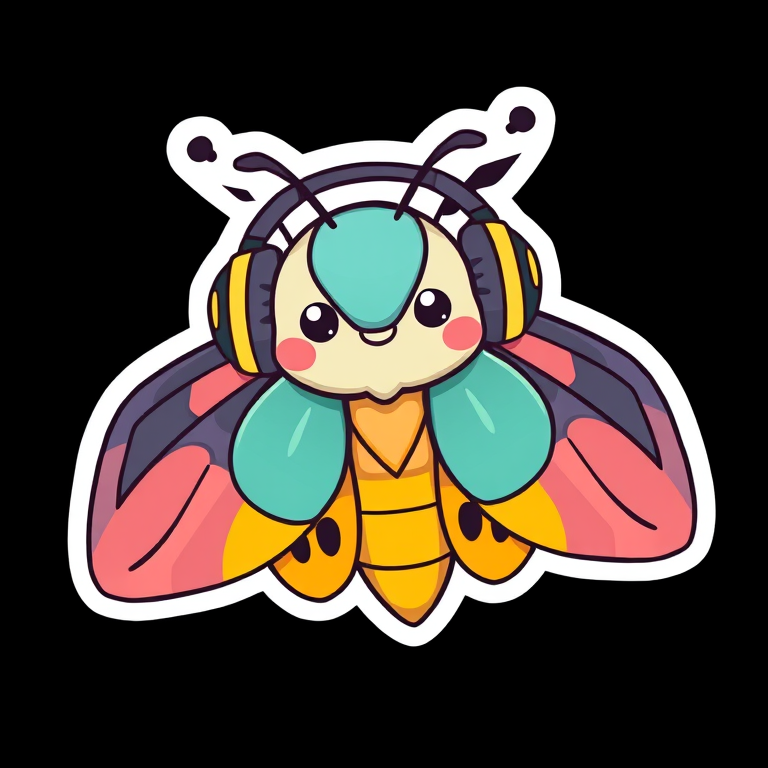 this image is sticker, Happy Colorful Moth wearing Headphones, kawaii, contour, vector, black background