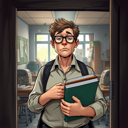 realistic short haired teacher wearing glasses holding some folders standing outside a chaotic classroom exhausted and broken