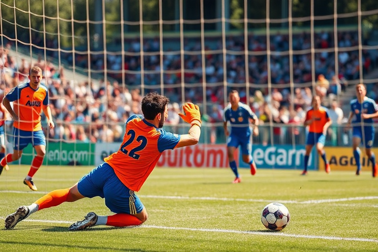 Capture a dynamic soccer game scene with a goalkeeper making a spectacular save, include players in vibrant orange and blue uniforms, focus on the action with a shallow depth of field, set camera to 1/500 sec shutter speed, f/4 aperture, ISO 400, use a 50mm lens, and shoot in natural light for enhanced clarity and color contrast.