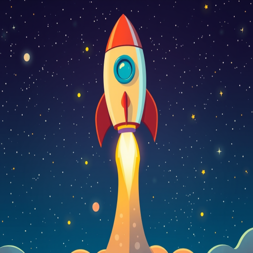 Create a colorful cartoon rocket launching into space against a starry background, use a Canon EOS R5 with an 85mm f/1.4 lens, aperture set to f/2.8, ISO 200, shoot from a low angle to enhance perspective and detail.