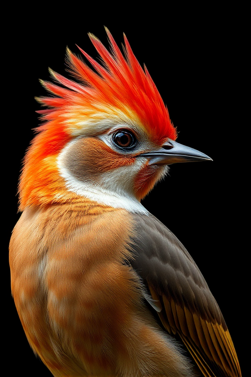 Create a highly detailed, realistic illustration of a bird with a prominent red crest and a brown body, captured in vibrant colors, using a DSLR camera with a 50mm lens, aperture set at f/2.8, ISO 100, and high dynamic range to enhance image quality, with a side view showcasing its features against a plain black background.