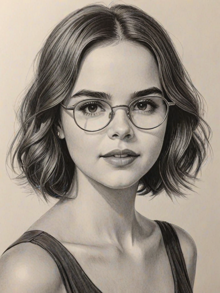 Gorgeous Bailee Madison, pencil sketch, portrait of Sublime woman 1923s in glasses, hair style beatnik, outline, clear lines, fine lines, 8k