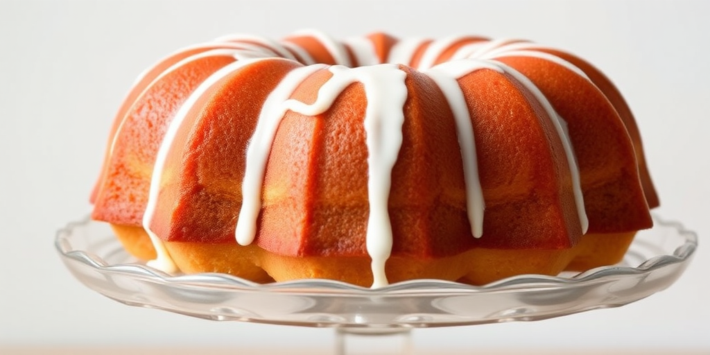A beautifully glazed bundt cake with a golden brown exterior and white icing drizzled over the top displayed on an elegant cake stand against a simple light background.