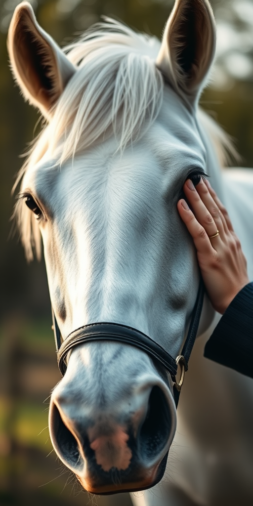 Close-up of a white horse being gently petted by a person, shallow depth of field, soft bokeh background, natural lighting, Canon EOS R5, 85mm f/1.2 lens, ISO 100, aperture f/1.8, shutter speed 1/200s.