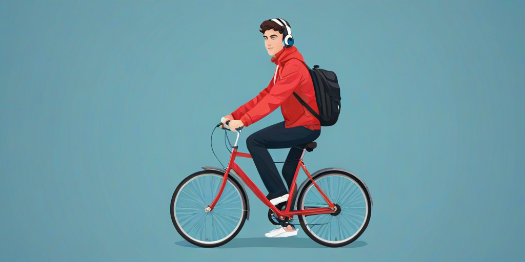 a person riding a red bicycle against a solid blue background, wearing a red jacket and headphones, with a black backpack and white shoes, in a minimalistic and flat design style