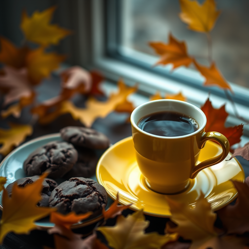 a steaming cup of coffee on a yellow saucer next to a plate of chocolate cookies, surrounded by autumn leaves, soft natural lighting, shallow depth of field, camera settings: f/2.8, 1/60 sec, ISO 100, DSLR camera, 50mm lens, moody atmosphere, high-resolution detail