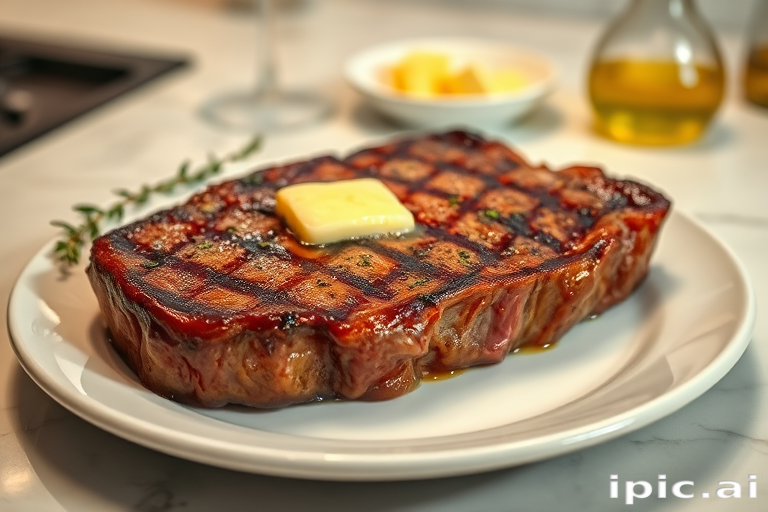Create an image of a perfectly seared ribeye steak, resting on a white plate with a pat of melting butter on top. The steak is seasoned with fresh herbs like thyme and parsley, with glistening juices highlighting the texture of the meat. The background features a soft focus on a light, marble countertop, with a small dish of butter and an olive oil bottle in the distance. The overall mood should be warm and inviting, capturing the deliciousness and juiciness of the steak.