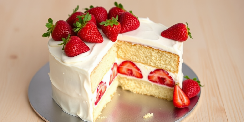 A delicious vanilla cake with fresh strawberries on top and inside, covered in creamy frosting, with a slice cut out revealing the strawberries and frosting layers, placed on a silver cake board with a light wooden background.