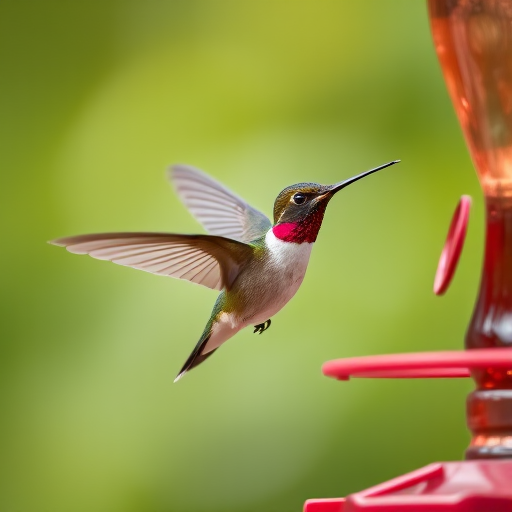 hummingbird in mid-flight near a feeder, vibrant colors, soft-focus background, shallow depth of field, 85mm lens, f/1.8 aperture, ISO 400, shutter speed 1/2000s, natural light, DSLR camera, high-resolution image
