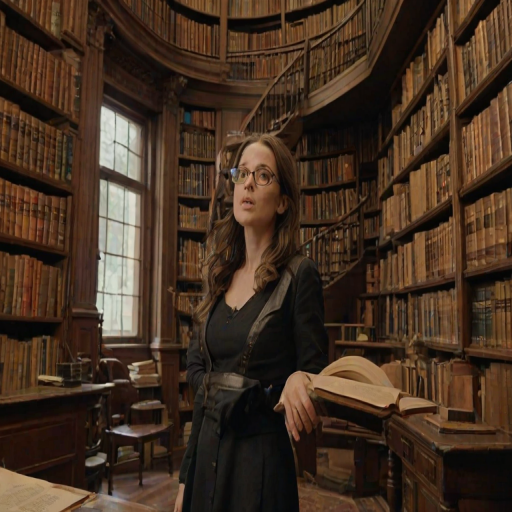 Majestic library with towering shelves, a spiral staircase winding through the stacks, and a woman with glasses perched on her nose, deep in a thick, leather-bound book.