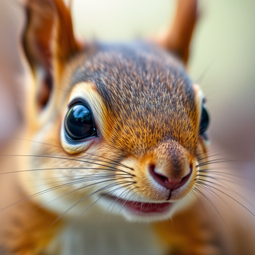 Capture a close-up portrait of a cute squirrel with vibrant fur details and expressive large eyes, using a DSLR camera with an aperture of f/2.8, ISO 200, shutter speed 1/100s, in natural soft lighting to enhance texture and color with a shallow depth of field.