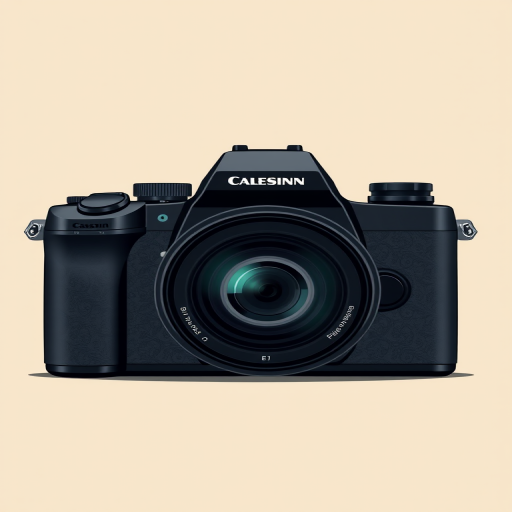 Create a high-resolution vector illustration of a modern camera with a 12mm-40mm lens, featuring a sleek black design, centered on a minimalist beige background, shot from a head-on view using a DSLR camera style, with an aperture of f/2.8 to enhance focus depth and clarity.