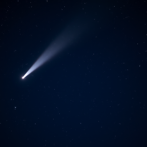 Capture a comet in the night sky with a long exposure of 30 seconds, ISO 1600, f/2.8 using a full-frame DSLR, 50mm lens, from a clear vantage point with minimal light pollution, focusing on the celestial object and surrounding stars.