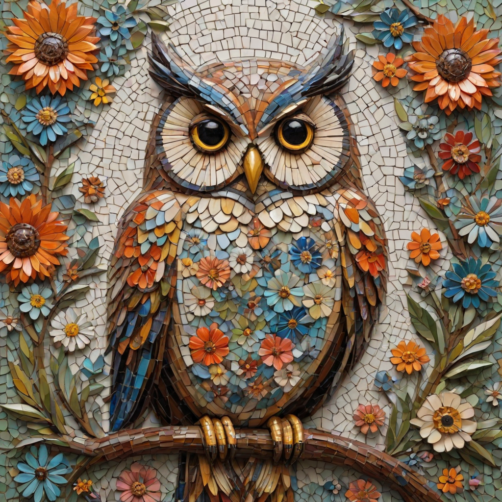 A mosaic of floral owls, one owl intricately composed of individual flower blossoms. The design showcases a delicate balance of nature and form, where the feathers of the owls are replaced by vibrant petals and blooms. The overall appearance is whimsical yet detailed, with each floral element contributing to the intricate patterns of the owl’s body. The artwork embraces a raw, organic style, with natural hues and soft textures, creating a harmonious blend of flora and fauna. The mosaic arrangement adds depth and visual intrigue to the piece, evoking a sense of wonder and artistic beauty.