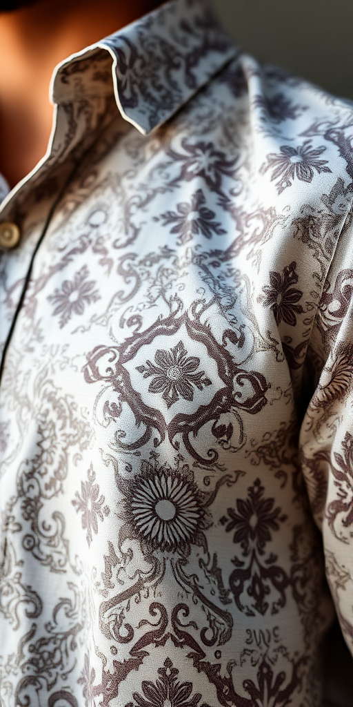 Regenerate a detailed image of a shirt with intricate patterns, using a DSLR camera, 50mm lens, f/2.8 aperture, 1/100s shutter speed, photographed from a 45-degree angle, with soft diffused lighting to enhance texture and detail.